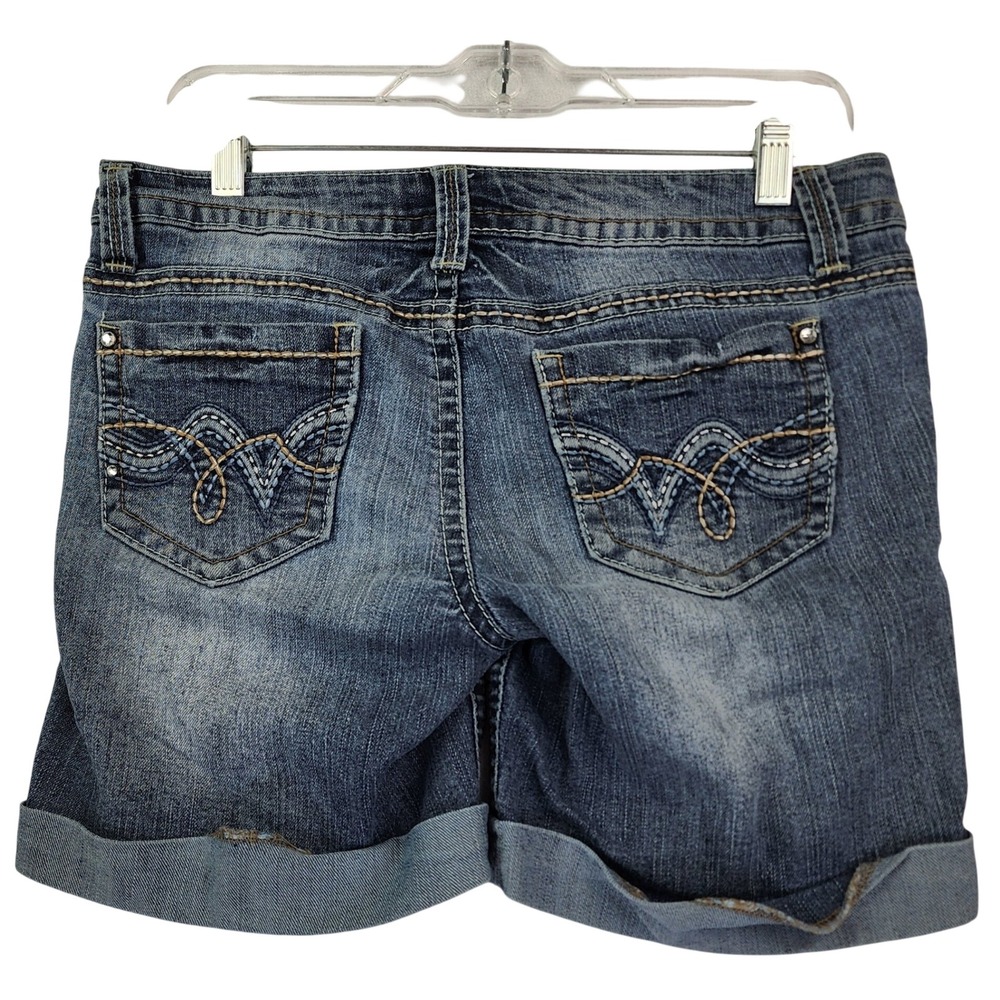 Truce 7 Blue Denim Shorts Cuffed Embroidered Pocket Y2K McBling Western Boho Mid